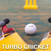 Cricket ball with bats and wickets in the far distance, ball states Turbo cricket 10 on it