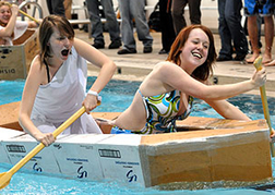 hen party doing the Cardboard Boat Challenge
