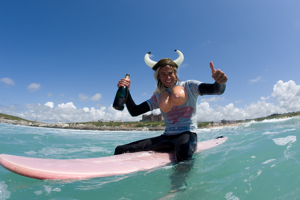 Stag on a Surfboard on a stag do in Newquay