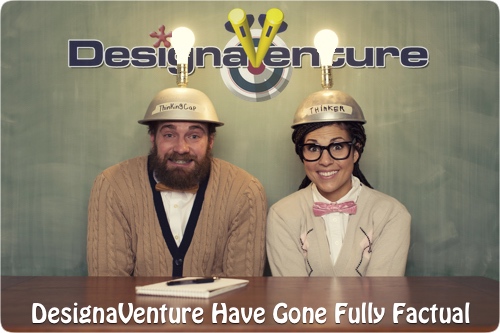 2 people sitting at a desk behind the DesignaVenture sign with thinking caps on