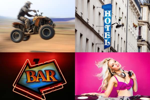 a collage of stag do ideas including a quad bike, hotel sign, bar sign and lady DJ in a pink top