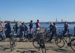 stag group on bikes by the coast