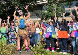 Silent disco hen group dancing