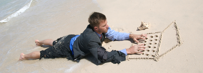 bestman booking his stag do with a Virtual Computer on Beach