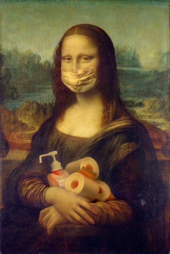 Mona Lisa with mask tiolet rolls hand sanitiser