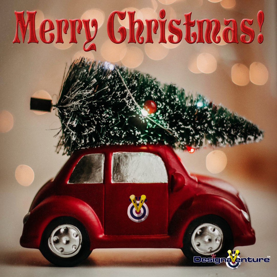 A toy car with a toy Christmas tree on