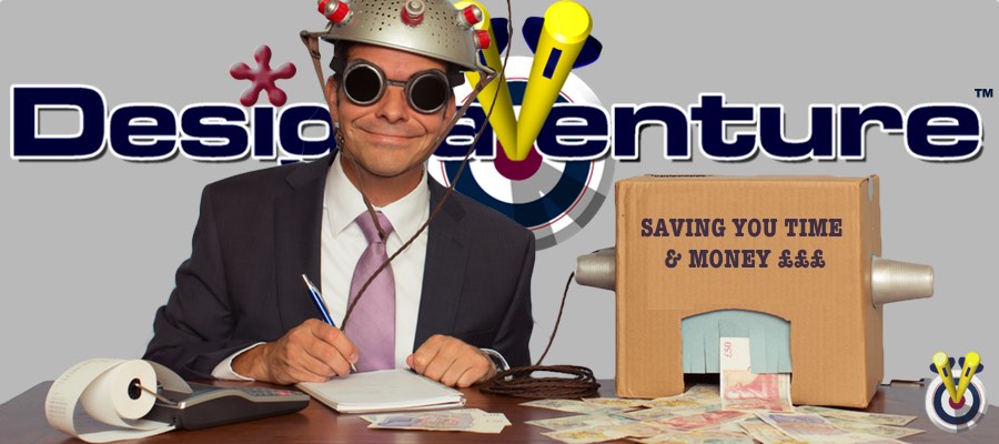 Man Counting Money in from a stag do in front of the DesignaVenture logo with a funny hat